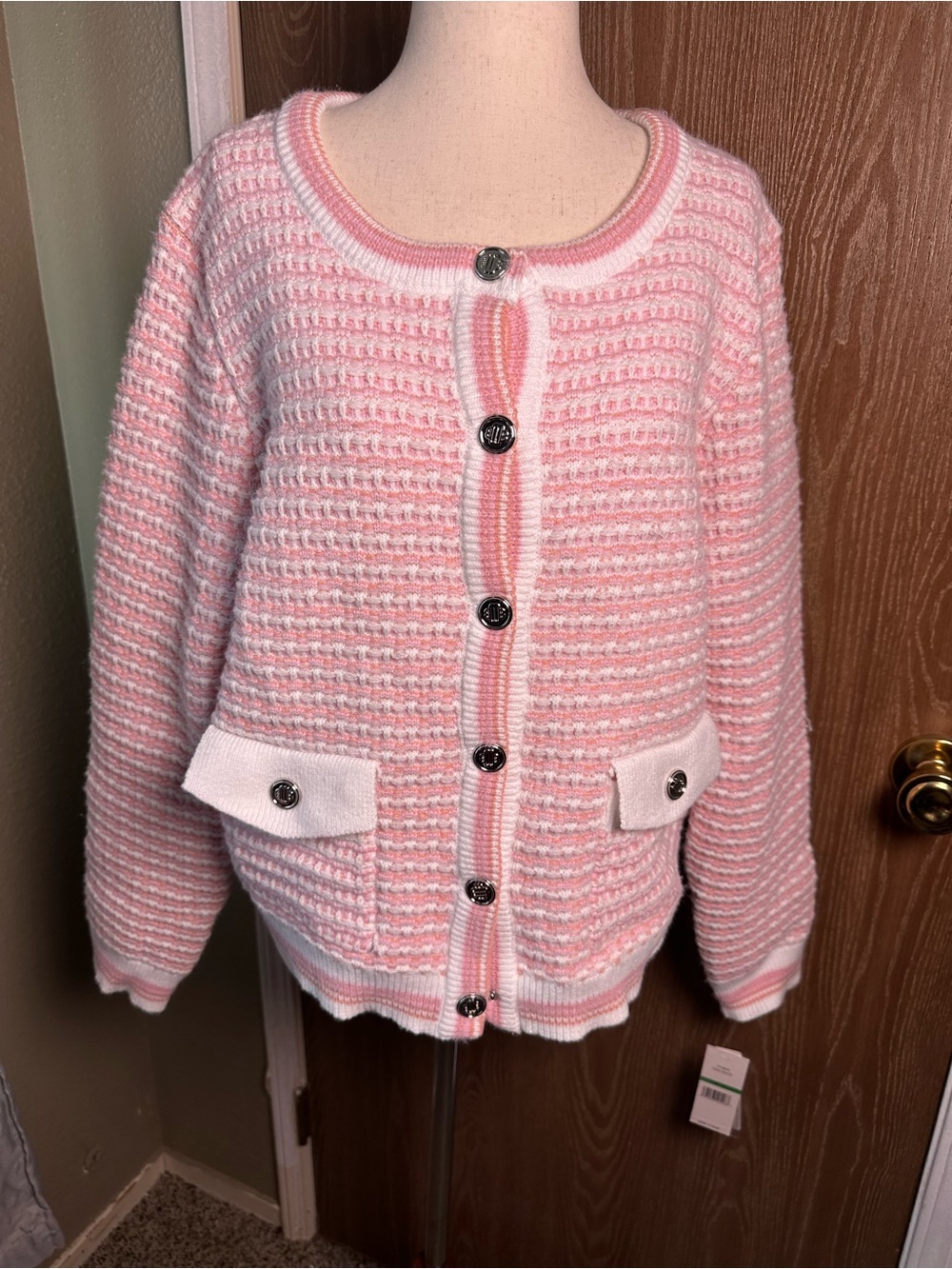 Nanette Lepore Pale Pink Textured Knit Cardigan with White Trim